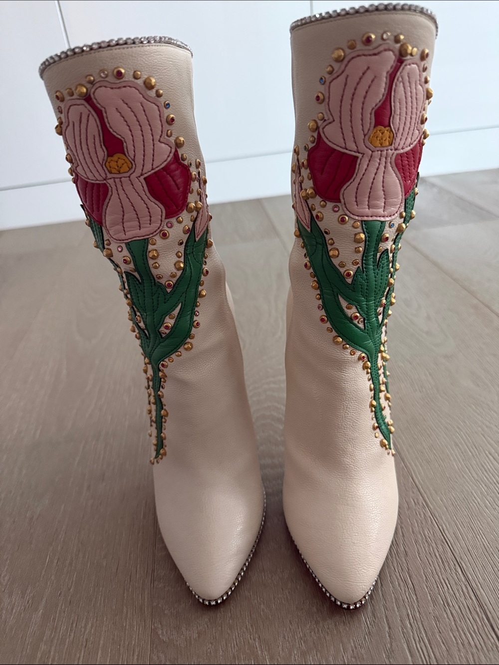 Gucci Cream Leather Mid-Calf Heeled Boots with Pink & Red Floral Appliqué
